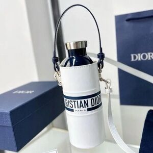 Christian Dior Stainless Steel Water Bottle & Vegan Leather Holder Set Novelty